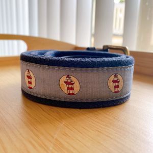 Vineyard Vines Lighthouse Canvas Leather Belt Men's Blue Red White Size 32
